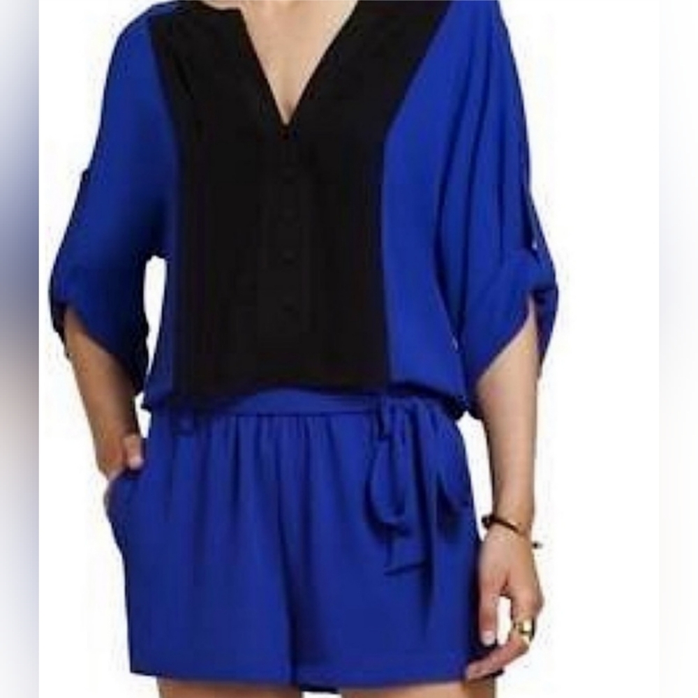 BCBGMAXAZRIA Blue Cobalt Tuxedo Tie Romper Jumpsuit